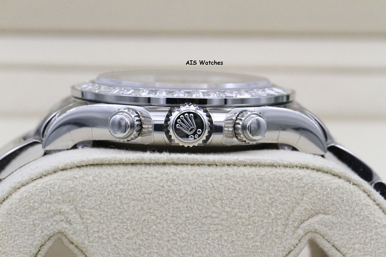 BNIB Rolex 116576TBR Platinum Daytona Cosmograph Ice Blue Arabic Dial Baguette Diamond Bezel B&P