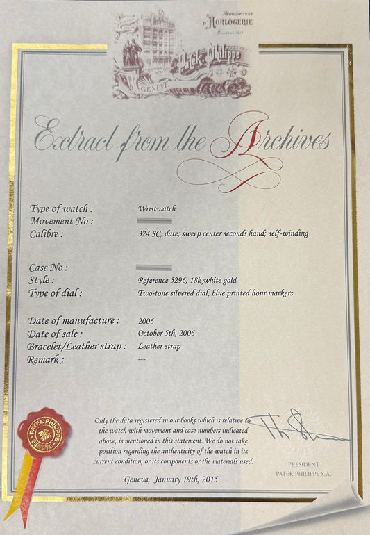 Patek Philippe 5296G Calatrava Scientific White Gold Silver Sector Dial