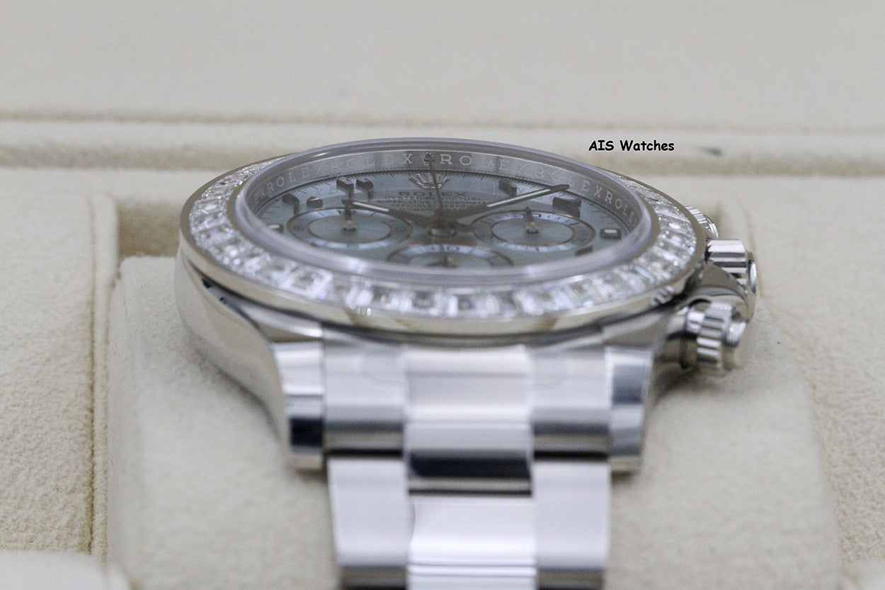 BNIB Rolex 116576TBR Platinum Daytona Cosmograph Ice Blue Arabic Dial Baguette Diamond Bezel B&P
