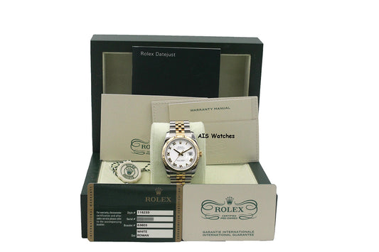 Rolex 116233 DateJust 36MM 18K YG/SS White Roman Dial Jubilee Bracelet B&P
