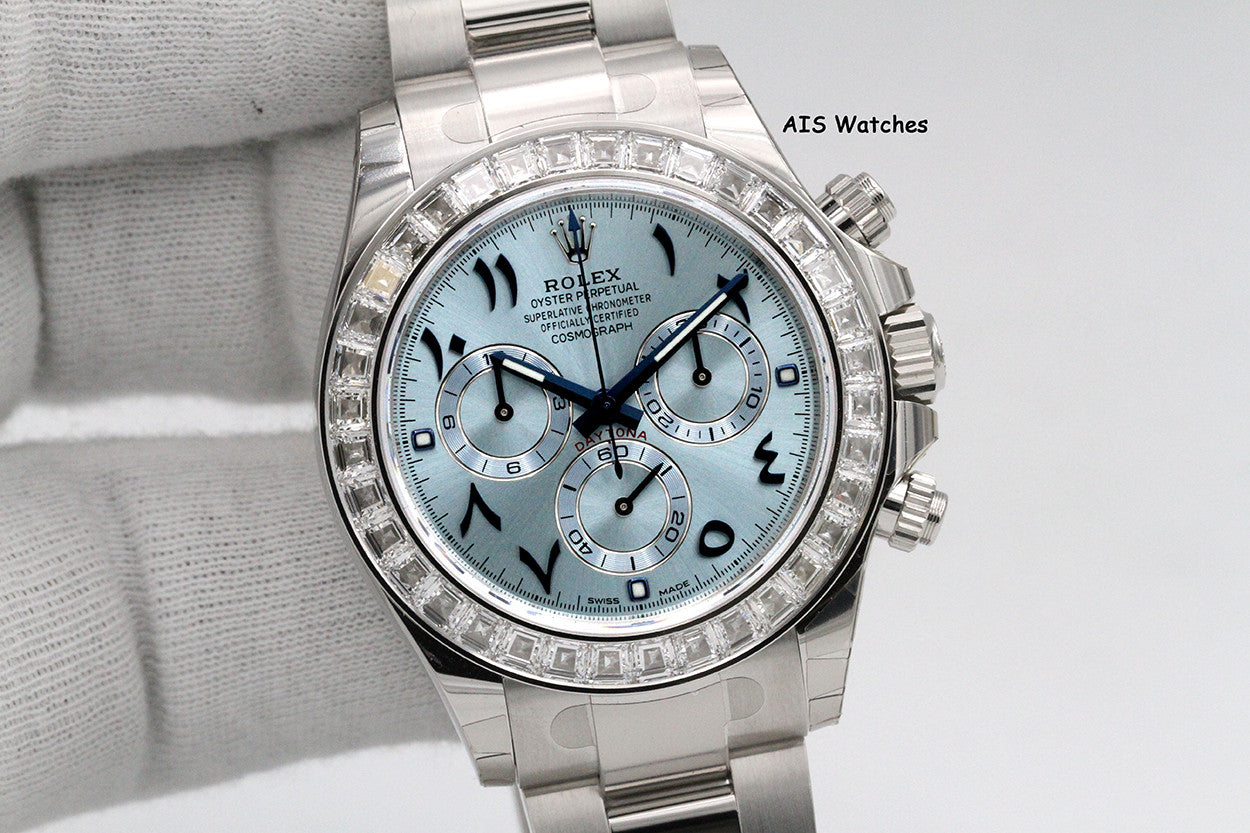 BNIB Rolex 116576TBR Platinum Daytona Cosmograph Ice Blue Arabic Dial Baguette Diamond Bezel B&P