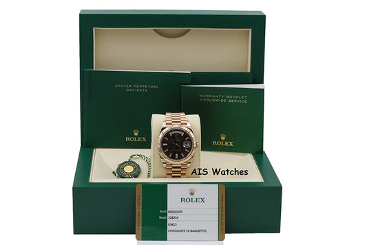 Rolex 228235 DayDate 40MM DD40 Rose Gold Chocolate Baguette Diamond Dial B&P