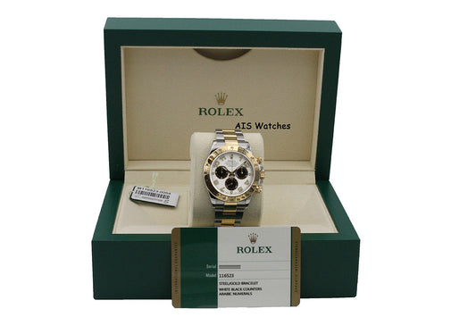 Rolex Daytona 116523 18K YG / SS Panda Arabic Racing Dial Box & Papers
