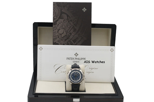 Patek Philippe 5930G World Time Chronograph White Gold Blue Dial Box & Paper