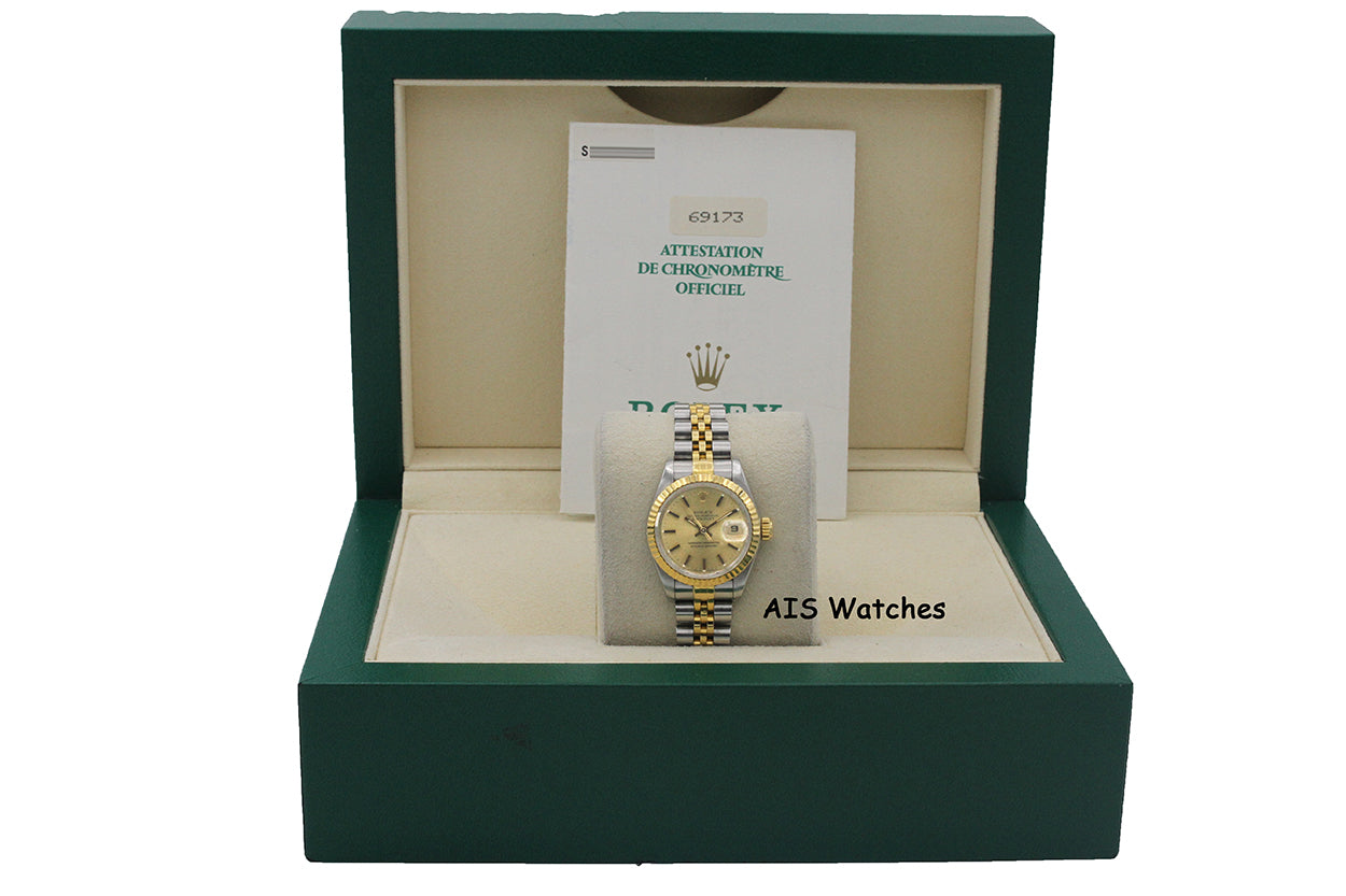 Rolex Ladies Two-Tone DateJust 69173 Champagne Dial 26MM S Serial - 1995 with Papers