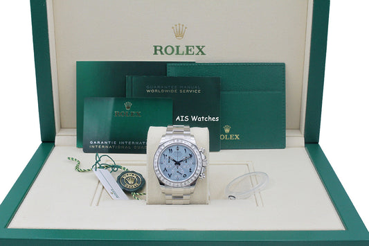 BNIB Rolex 116576TBR Platinum Daytona Cosmograph Ice Blue Arabic Dial Baguette Diamond Bezel B&P