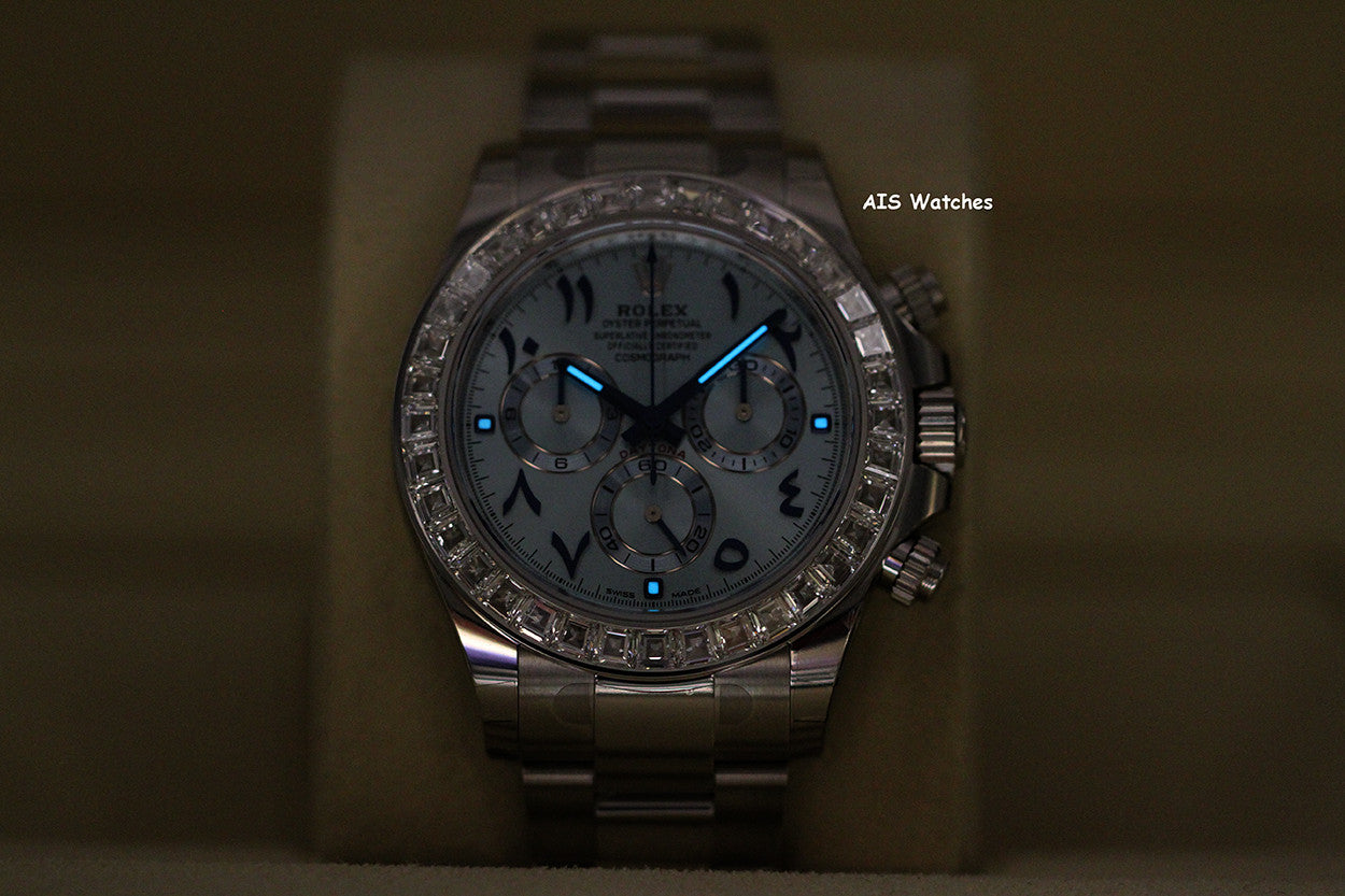 BNIB Rolex 116576TBR Platinum Daytona Cosmograph Ice Blue Arabic Dial Baguette Diamond Bezel B&P