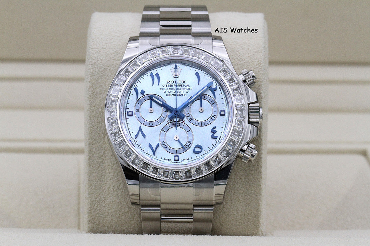 BNIB Rolex 116576TBR Platinum Daytona Cosmograph Ice Blue Arabic Dial Baguette Diamond Bezel B&P