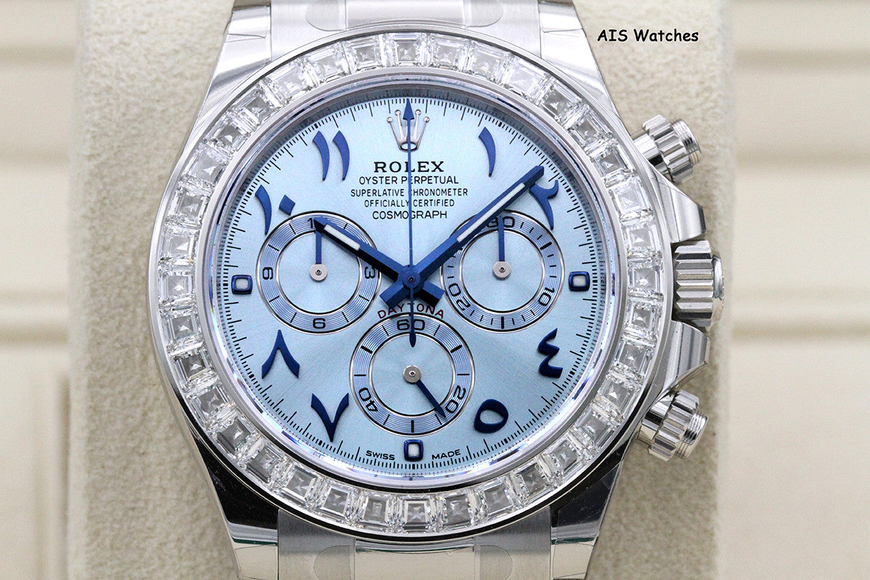 BNIB Rolex 116576TBR Platinum Daytona Cosmograph Ice Blue Arabic Dial Baguette Diamond Bezel B&P