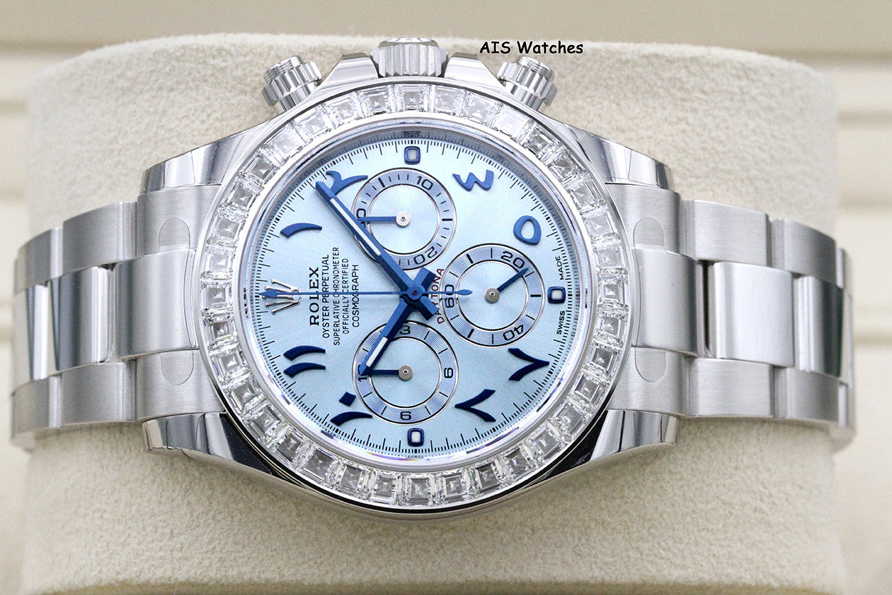 BNIB Rolex 116576TBR Platinum Daytona Cosmograph Ice Blue Arabic Dial Baguette Diamond Bezel B&P