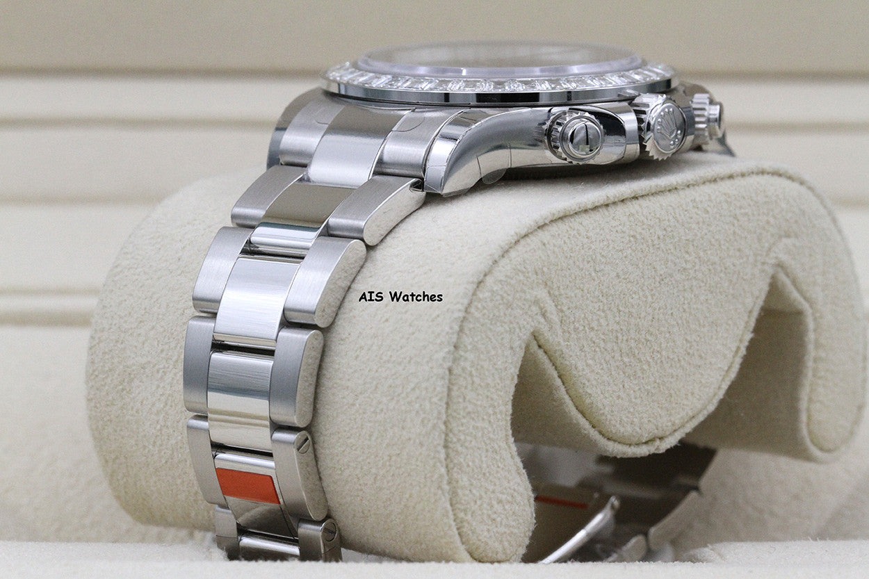 BNIB Rolex 116576TBR Platinum Daytona Cosmograph Ice Blue Arabic Dial Baguette Diamond Bezel B&P