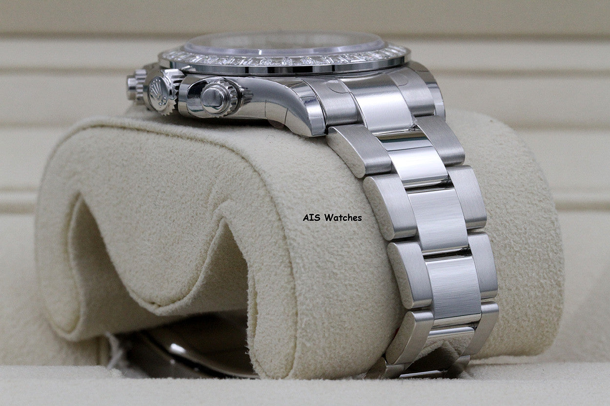 BNIB Rolex 116576TBR Platinum Daytona Cosmograph Ice Blue Arabic Dial Baguette Diamond Bezel B&P