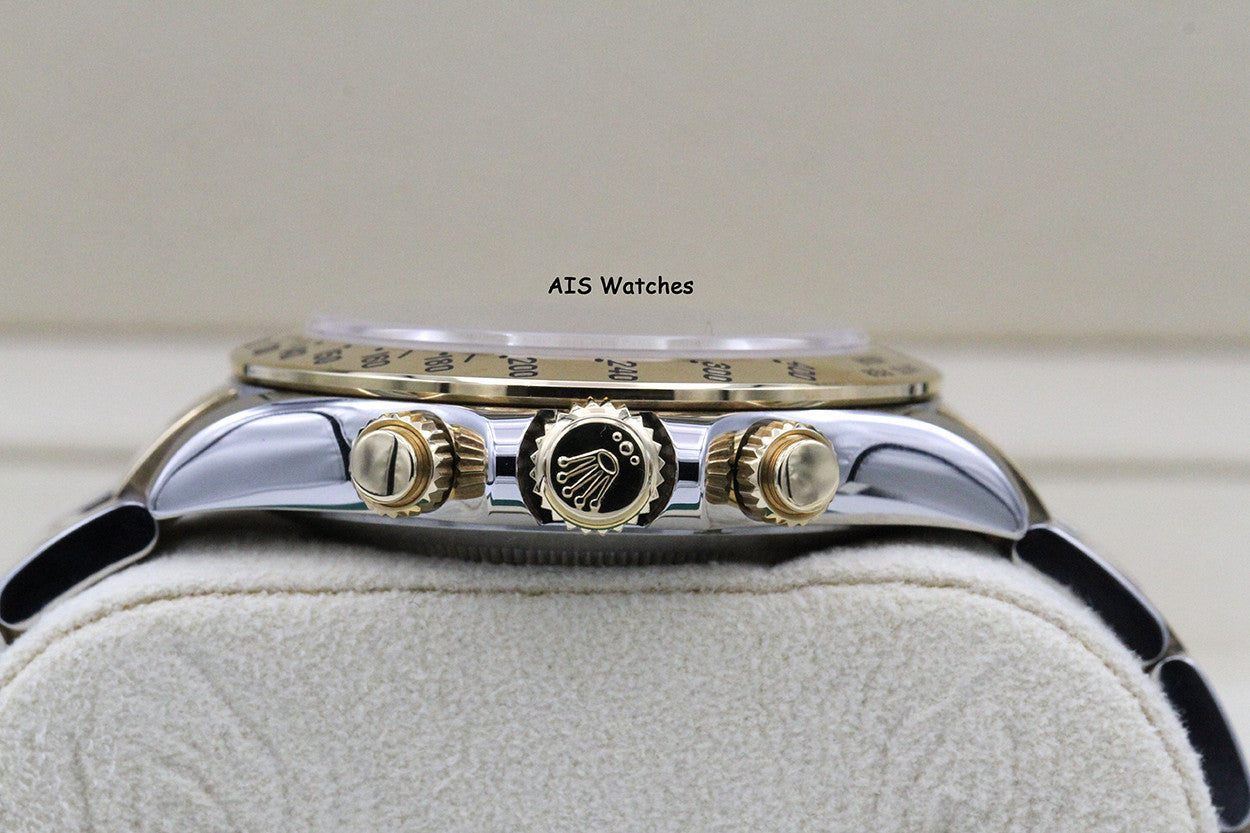 Rolex Daytona 116523 18K YG / SS Panda Arabic Racing Dial Box & Papers