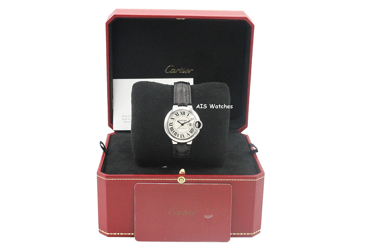 Cartier Ballon Bleu W6920085 SS 33MM Leather Strap Silver Dial Box & Papers