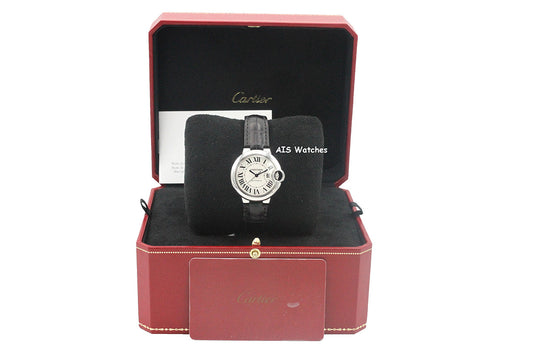 Cartier Ballon Bleu W6920085 SS 33MM Leather Strap Silver Dial Box & Papers
