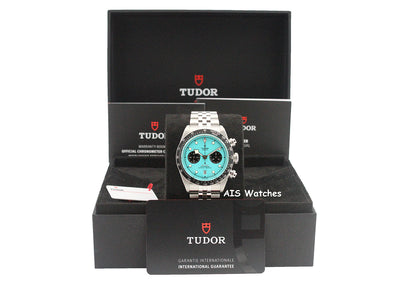 Tudor 79360N Black Bay Chronograph 41MM Flamingo Blue Dial SS Jubilee Bracelet B&P