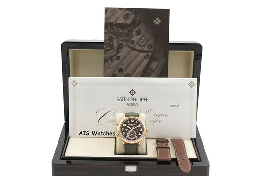Patek Philippe 5524R Calatrava Pilot Travel Time Rose Gold Brown Dial 42MM Box & Paper