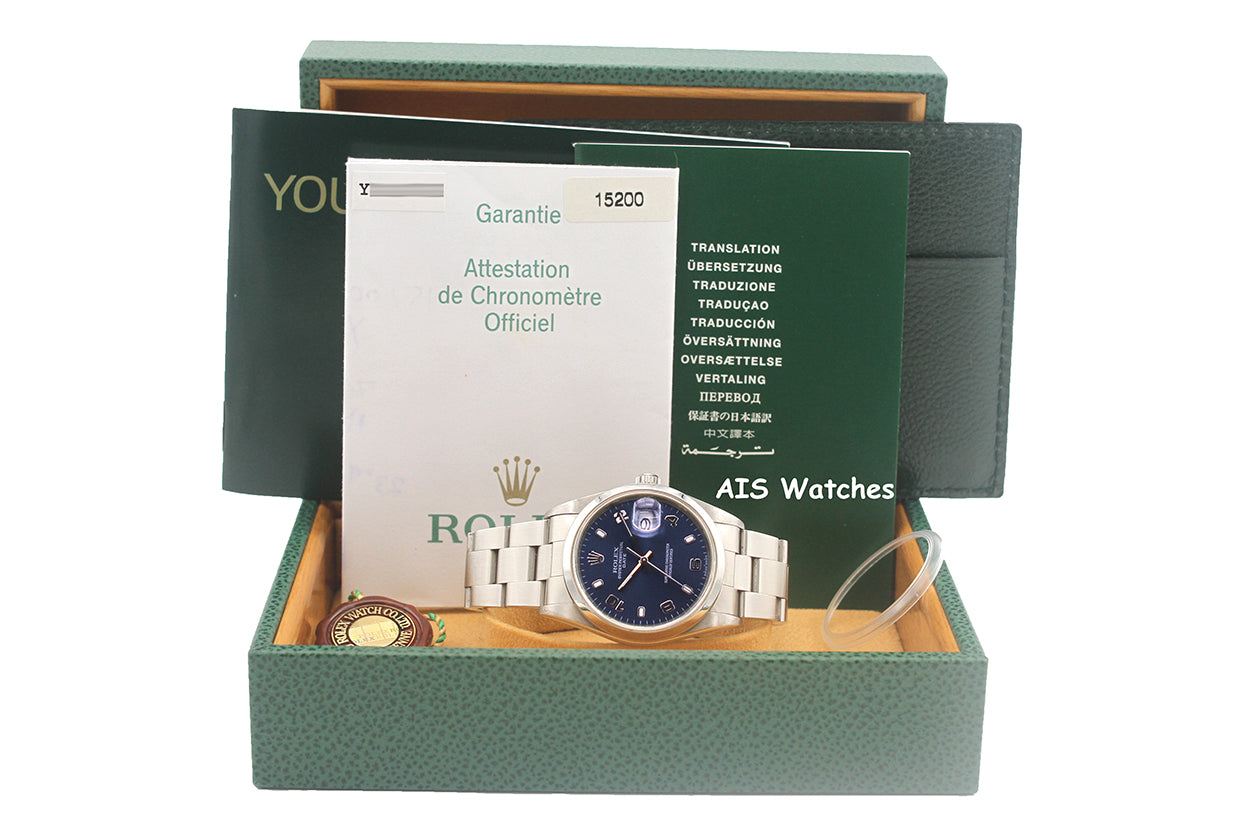 Rolex 15200 Oyster Perpetual 36 MM Arabic Blue Dial Y Serial Box & Papers