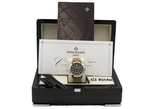 BNIB Patek Philippe Calatrava Annual Calendar Travel Time 5326G 18K White Gold Charcoal Dial Box & Papers