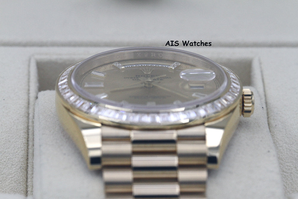 BNIB Rolex 228398TBR DayDate 40 18K YG Champagne Baguette Diamond Dial / Bezel