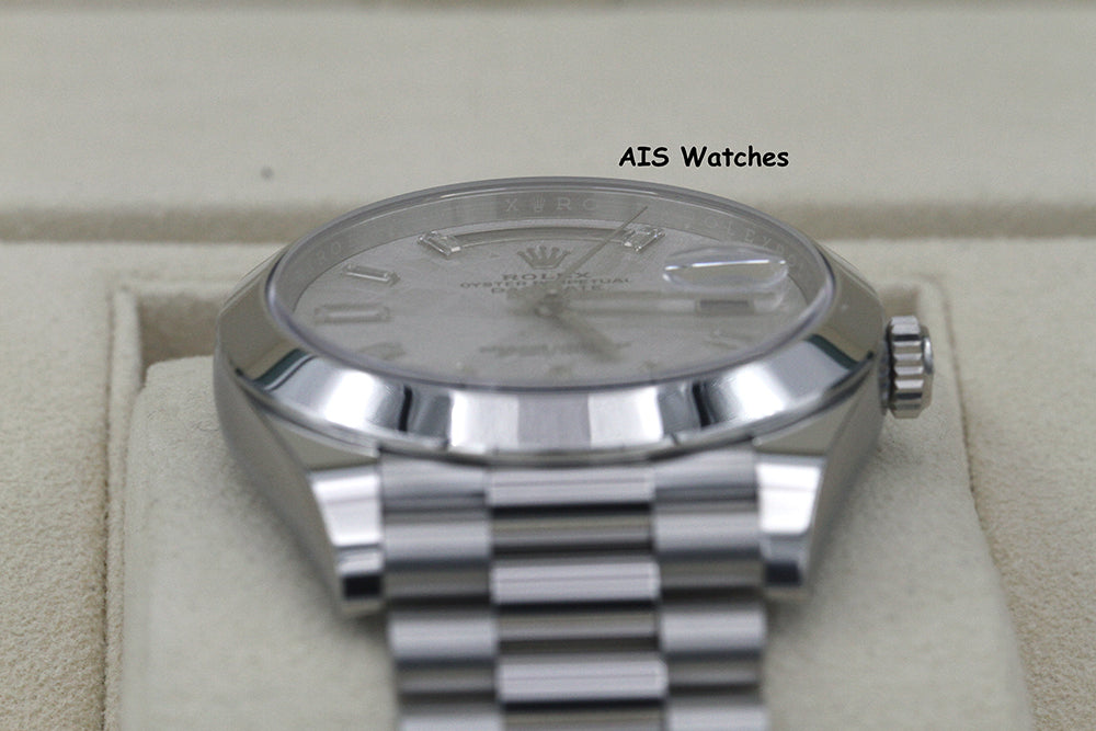 BNIB Rolex 228206 DayDate 40MM DD40 Platinum Meteorite Diamond Baguette Dial