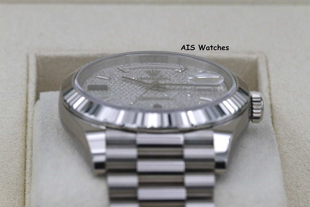 BNIB Rolex 228239 DayDate 40MM DD40 White Gold Diamond Pave Sapphire Baguettes