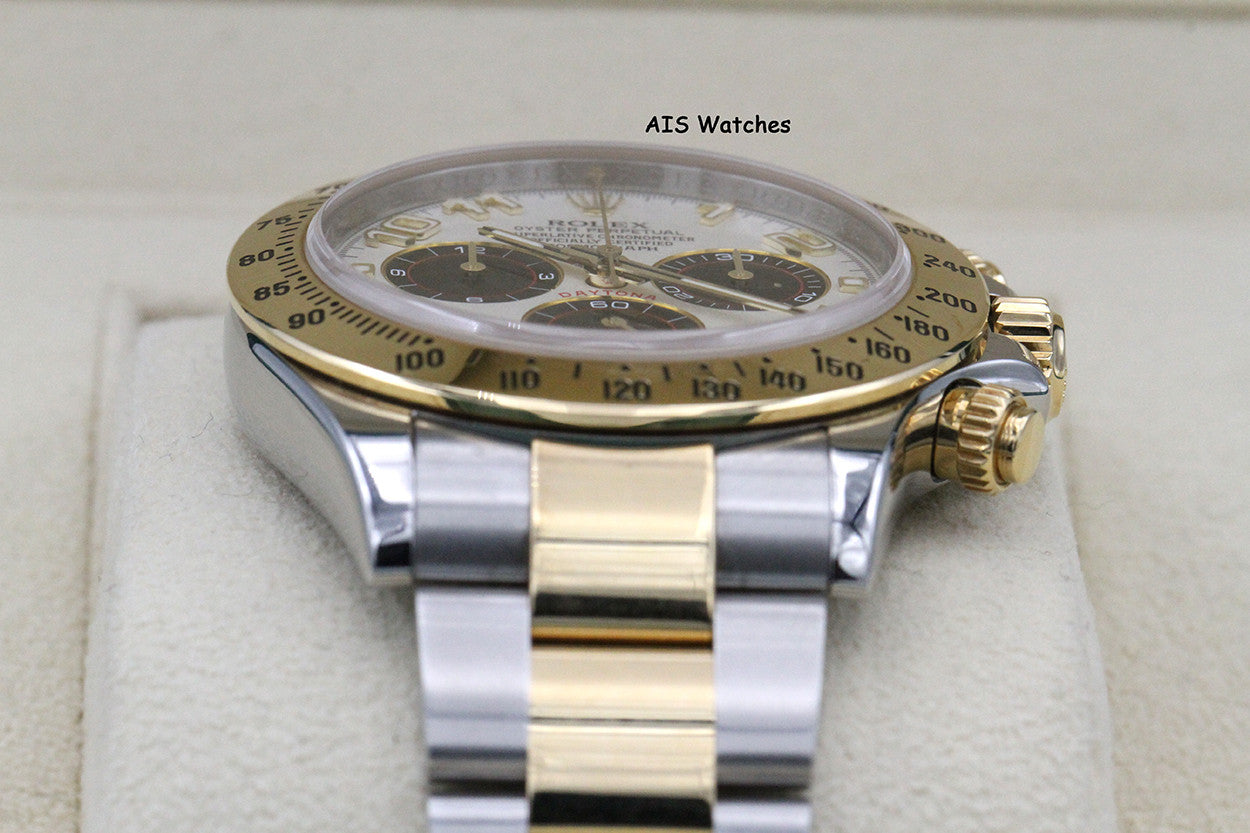 Rolex Daytona 116523 18K YG / SS Panda Arabic Racing Dial Box & Papers