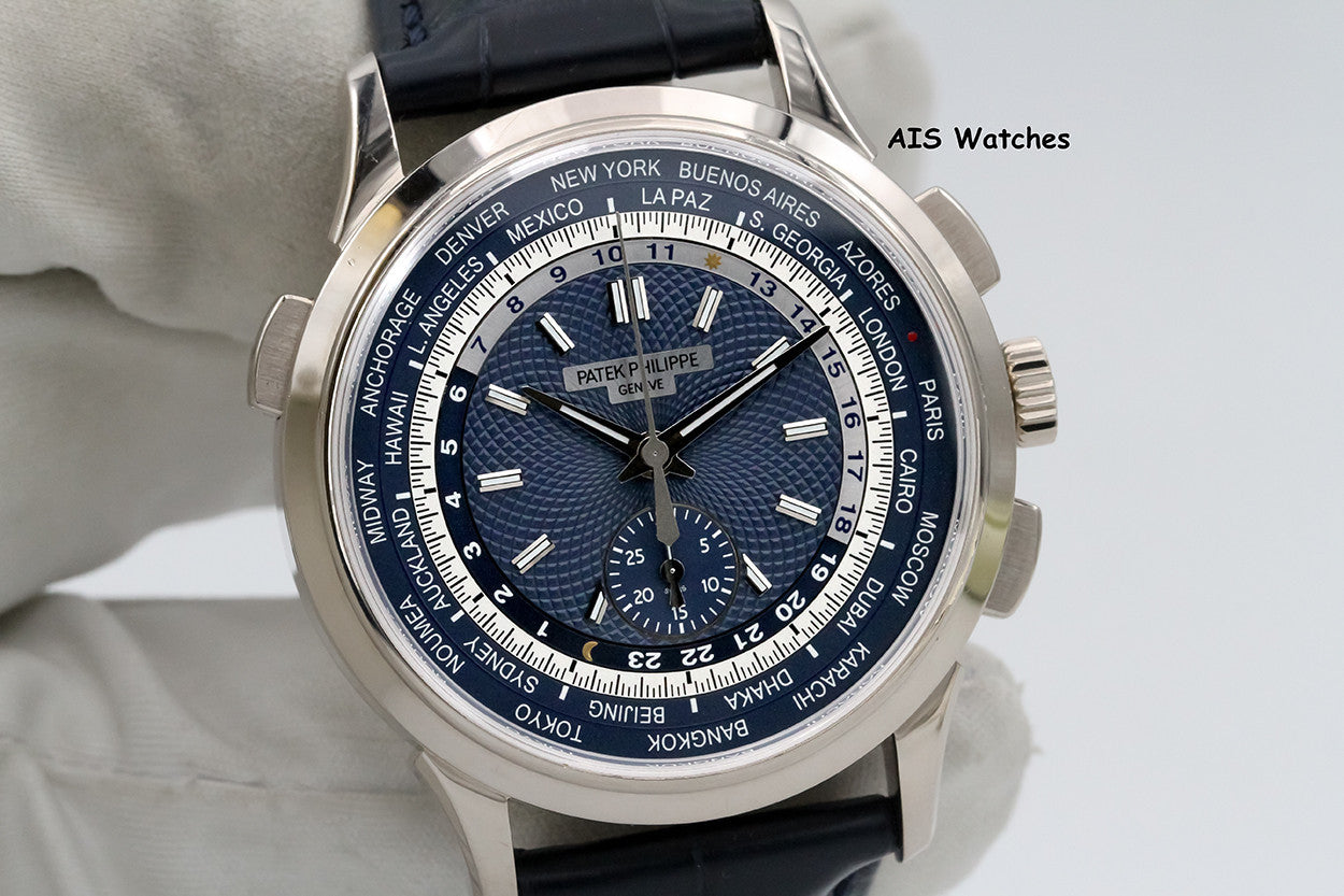 Patek Philippe 5930G World Time Chronograph White Gold Blue Dial Box & Paper