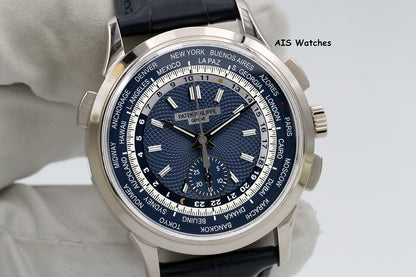 Patek Philippe 5930G World Time Chronograph White Gold Blue Dial Box & Paper