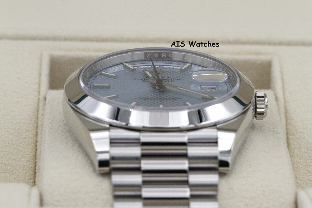 Rolex 228206 Platinum DayDate 40MM DD40 Ice Blue Diagonal Motif Dial B&P