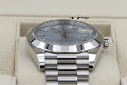 Rolex 228206 Platinum DayDate 40MM DD40 Ice Blue Diagonal Motif Dial B&P