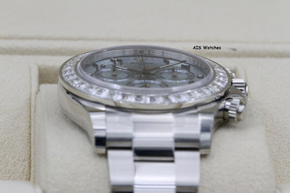 BNIB Rolex 116576TBR Platinum Daytona Cosmograph Ice Blue Arabic Dial Baguette Diamond Bezel B&P
