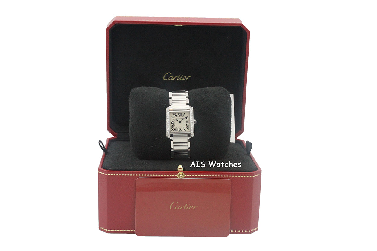 Cartier Tank Francaise W4TA0009 Medium Diamond Bezel Quartz Silver Dial B&P