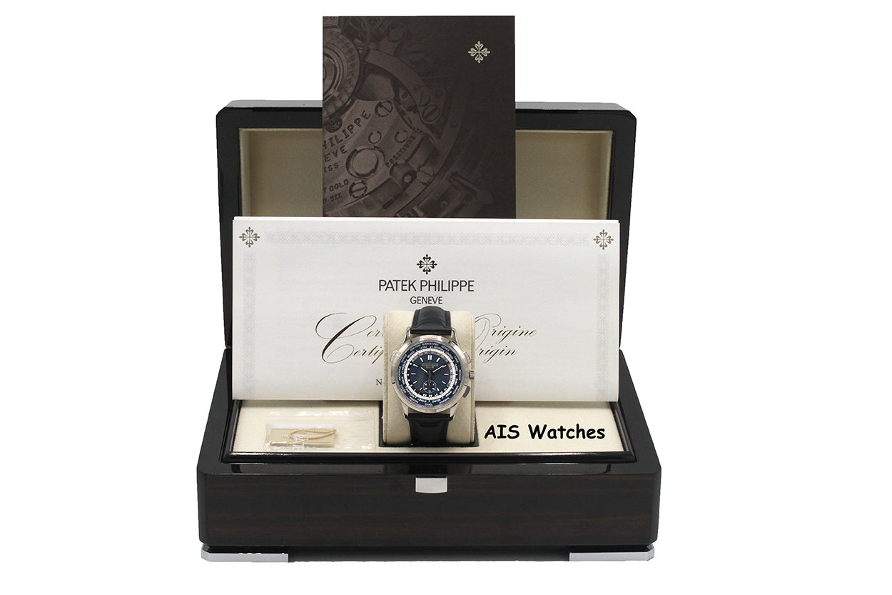 Patek Philippe 5930G World Time Chronograph White Gold Blue Dial Box & Paper