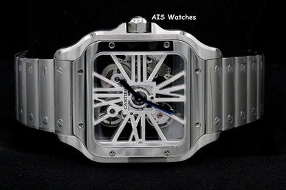 BNIB Cartier Santos De Cartier Large Steel Skeleton WHSA0015 Box & Papers