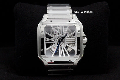 BNIB Cartier Santos De Cartier Large Steel Skeleton WHSA0015 Box & Papers
