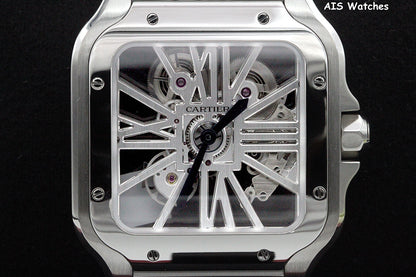 BNIB Cartier Santos De Cartier Large Steel Skeleton WHSA0015 Box & Papers
