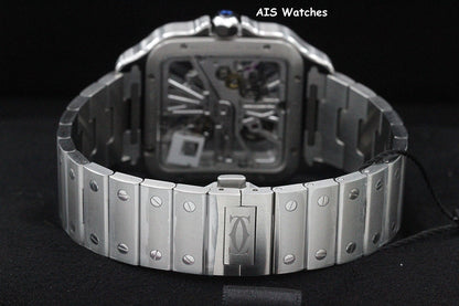 BNIB Cartier Santos De Cartier Large Steel Skeleton WHSA0015 Box & Papers
