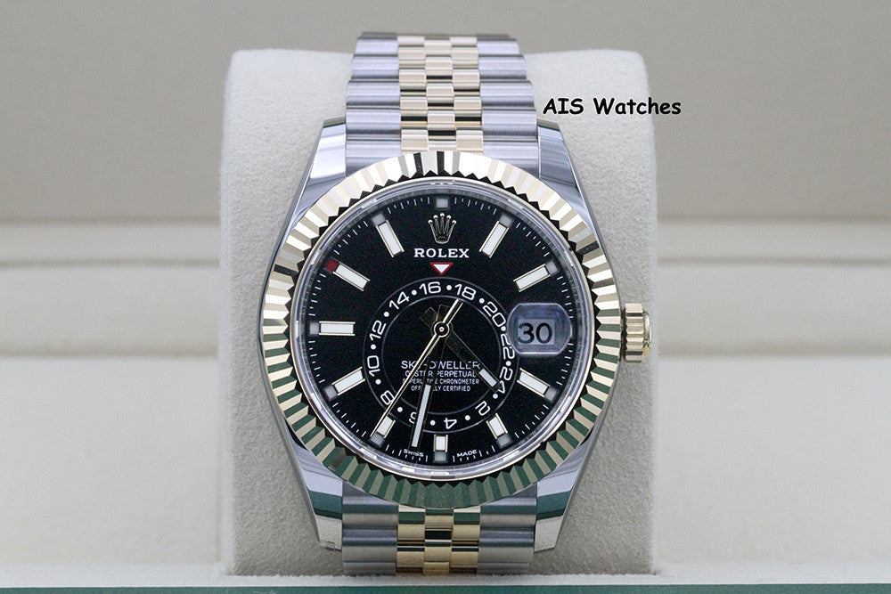 Rolex 326933 Sky-Dweller 18K Yellow Gold / SS Jubilee Black Dial Box & Papers