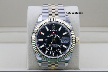 Rolex 326933 Sky-Dweller 18K Yellow Gold / SS Jubilee Black Dial Box & Papers