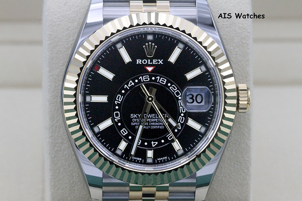 Rolex 326933 Sky-Dweller 18K Yellow Gold / SS Jubilee Black Dial Box & Papers