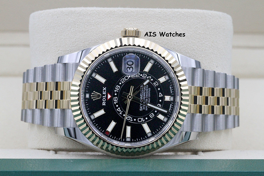 Rolex 326933 Sky-Dweller 18K Yellow Gold / SS Jubilee Black Dial Box & Papers