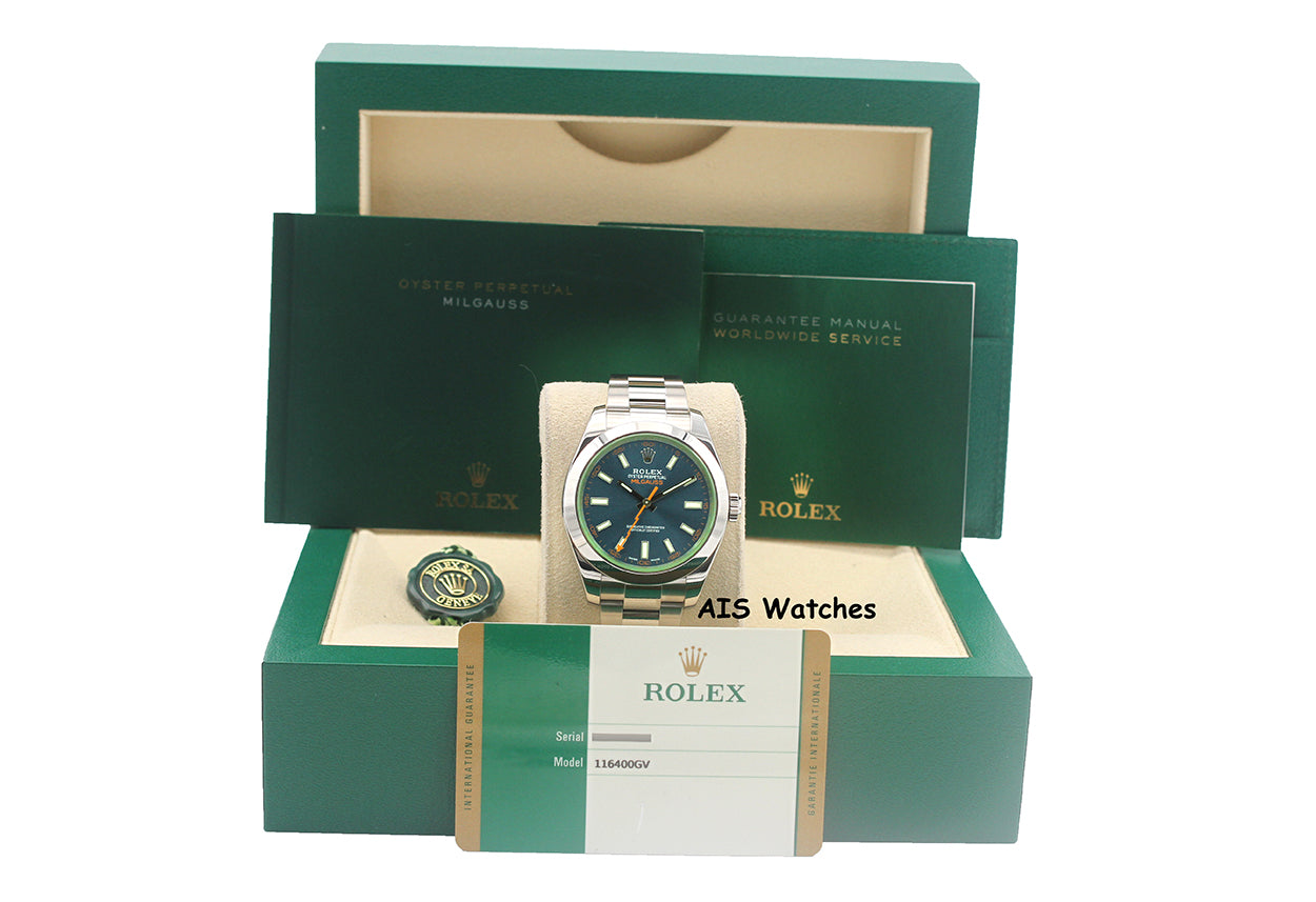 Rolex Milgauss Z-BLUE 116400GV Green Crystal Blue Dial 2017 Box & Papers