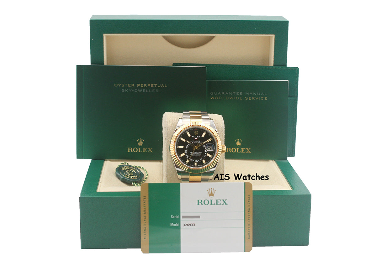 Rolex 326933 Sky-Dweller 18K Yellow Gold / SS Oyster Black Dial BP