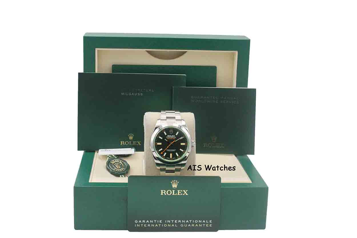 Rolex Milgauss 116400 GV Green Crystal Black Dial 2021 Box & Papers