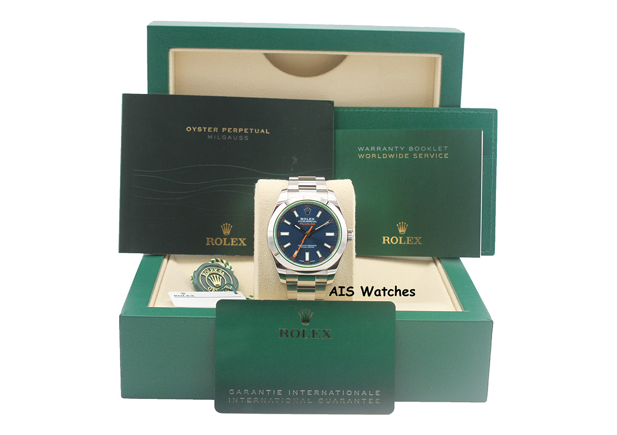 Rolex Milgauss Z-BLUE 116400GV Green Crystal Blue Dial 2023 Box & Papers