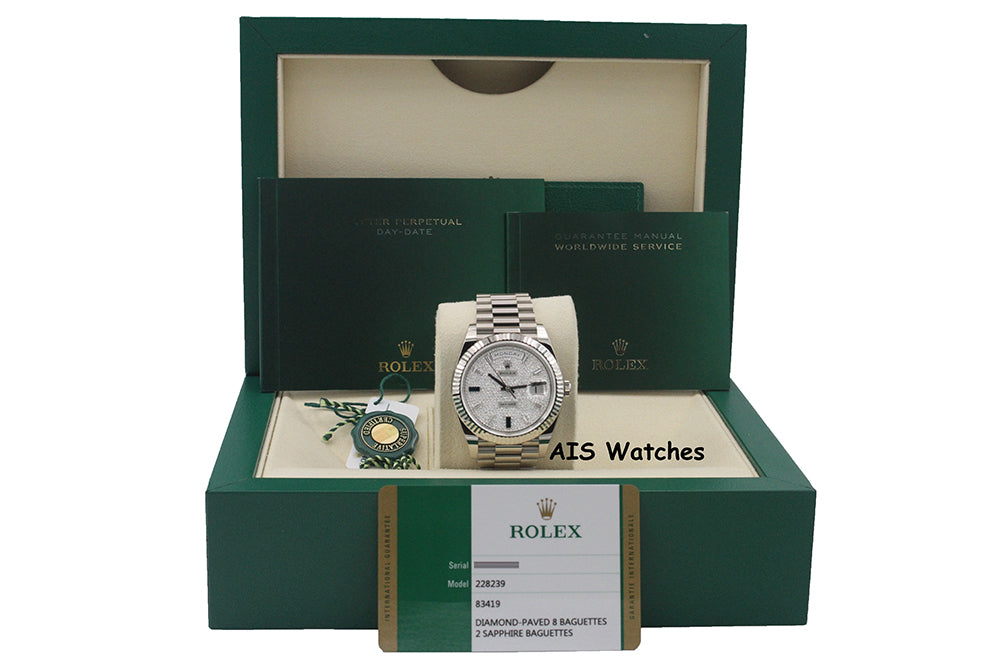 BNIB Rolex 228239 DayDate 40MM DD40 White Gold Diamond Pave Sapphire Baguettes