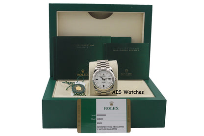 BNIB Rolex 228239 DayDate 40MM DD40 White Gold Diamond Pave Sapphire Baguettes