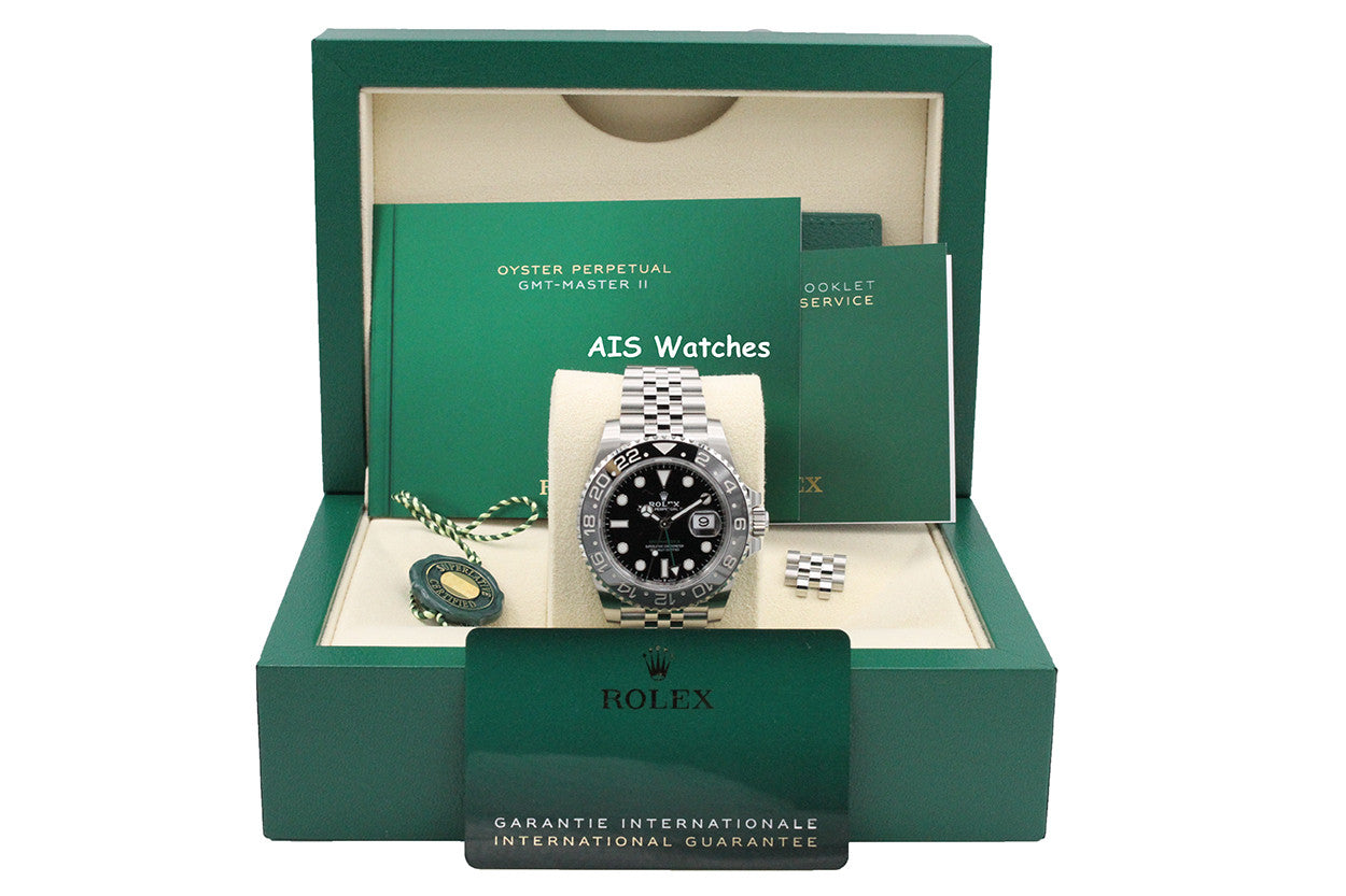 BNIB Rolex GMT Master II 126710GRNR Jubilee Black / Grey Bezel Bruce Wayne B&P