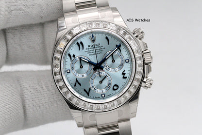 BNIB Rolex 116576TBR Platinum Daytona Cosmograph Ice Blue Arabic Dial Baguette Diamond Bezel B&P